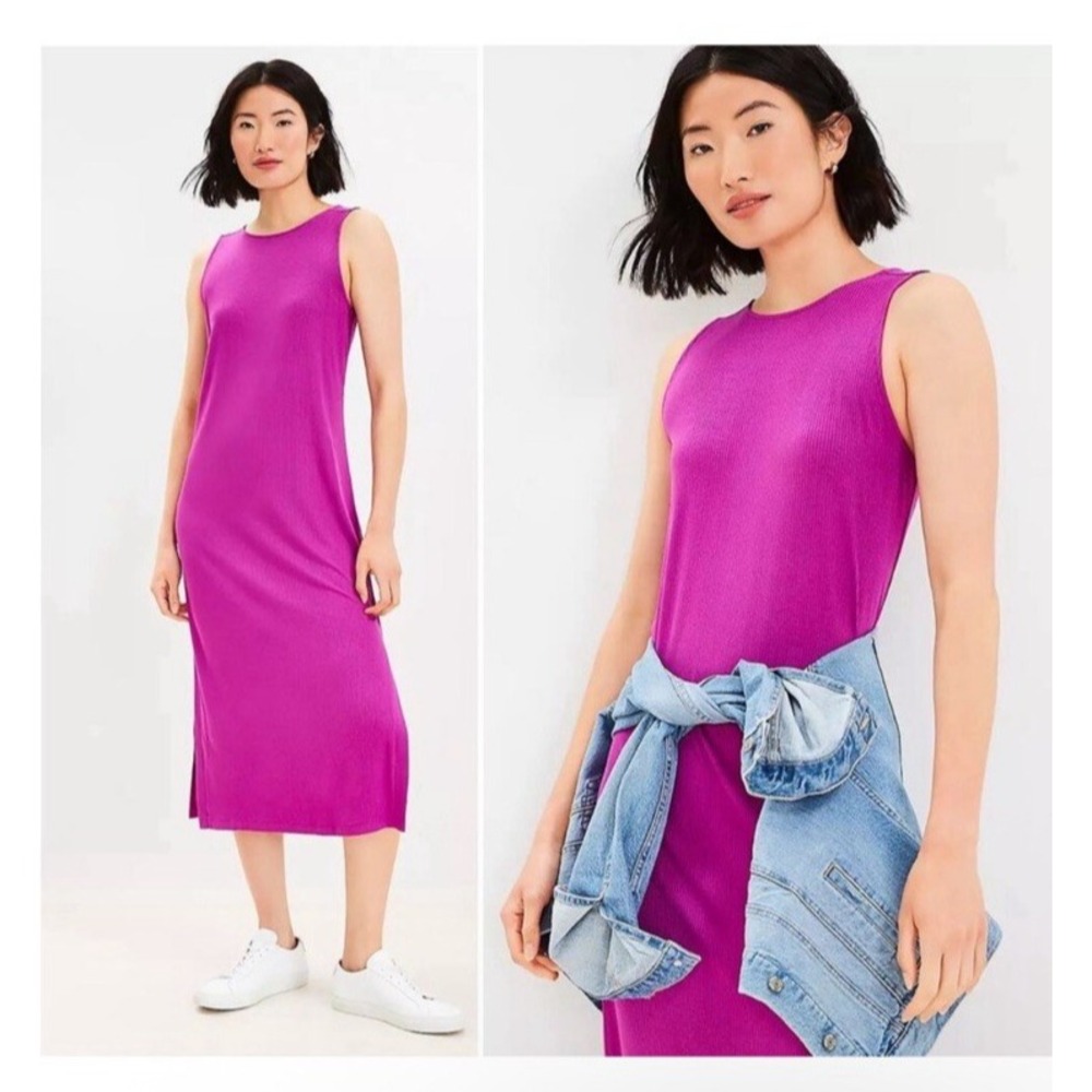 LOFT Sleeveless Midi Dress Tie Back Slits Magenta‎ Women's Size Medium - Picture 2 of 3